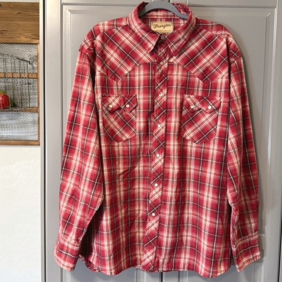Wrangler Mens VTG Western Plaid Pearl Snap Long Sleeve Shirt,Red , XXL - Picture 2 of 9